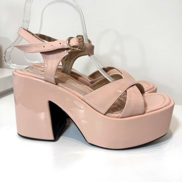 MKS Platform Sandals Pink Blush Nude Retro 70s Chunky Patent Leather 8 - Picture 4 of 9